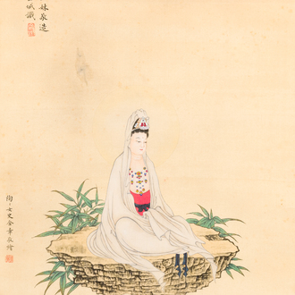 Jin Zhang 金章 (1884-1939) and Jin Cheng 金城 (1878-1926): 'Bodhisattva seated on a lotus throne', ink and colour on paper