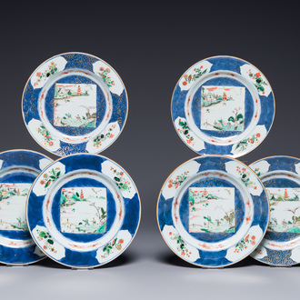 Zes Chinese famille verte 'Xie Qin Fang You 攜琴訪友' borden, Kangxi