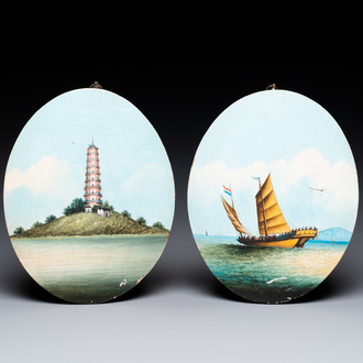 Chinese Canton school: 'Whampoa Pagode' en 'Trading Junk South China', gouache op paneel, 19e eeuw