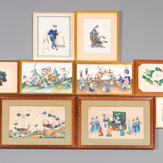 Tien Chinese rijstpapier schilderingen met figuren, fauna en flora, Canton, 19/20e eeuw