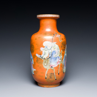 A Chinese famille rose coral-red-ground 'immortals' rouleau vase, Qianlong mark, Republic