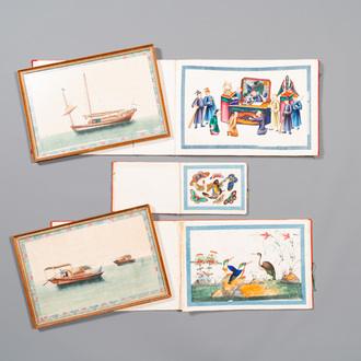 Drie albums en twee kaders met Chinese rijstpapier schilderingen van figuren, fauna en flora, Tak Shang Saihing St. Canton, 19/20e eeuw