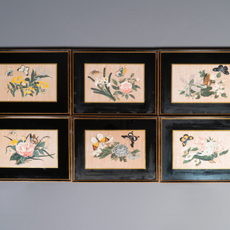 Zes ingekaderde Chinese rijstpapier schilderingen met bloemen en vlinders, Canton, 19e eeuw