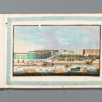 Een zeldzaam album met Chinese rijstpapier schilderingen van 'Hong' zichten, figuren en schepen, Canton, Foekhing New Street No. 1, 19/20e eeuw