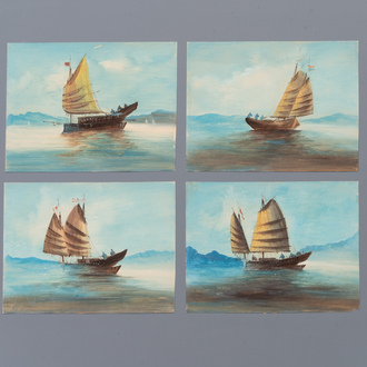 Chinese Canton school: 'Europese koopvaardijschepen', gouache op papier, 18/19e eeuw