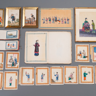 Een gevarieerde verzameling Chinese rijstpapier schilderingen met figuren, Canton, 19e eeuw