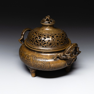 A Chinese imperial archaistic gold-splashed bronze censer and cover with chilong and 'shou' design, Xuande mark, 17th C.
