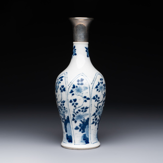A Chinese blue and white silver-mounted vase with floral design, Kangxi