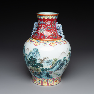 A Chinese famille rose 'mountainous landscape' vase, Qianlong mark, 19/20th C.