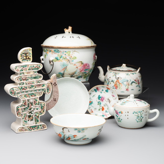 A varied collection of seven Chinese famille rose, verte and monochrome wares, 19th C.