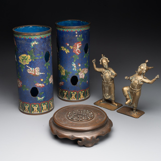 A pair of Chinese cloisonné hat stands, two brass figures and a bronze stand, 19/20th C.