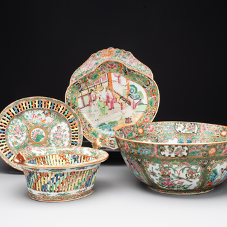 A Chinese Canton famille rose reticulated basket and stand, a bowl and a dish, 19th C.
