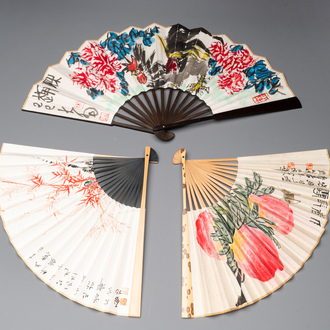 Three Chinese fans, ink and colour on paper, signed Qi Baishi 齊白石 (1864-1957), Qi Gong 启功 (1912-2005), Chen Dayu 陈大羽 (1912-2001) and Shi Shuqing 史树青