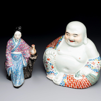 A Chinese famille rose lady and a Buddha, 19/20th C.