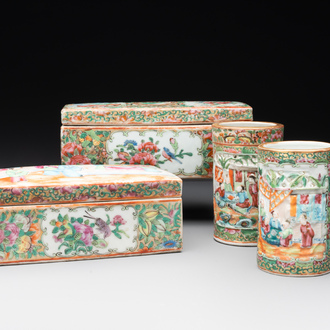 Two Chinese Canton famille rose brush pots and two boxes and covers, 19th C.