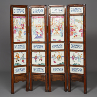 A Chinese four-part folding screen with famille rose plaques, 19th C.
