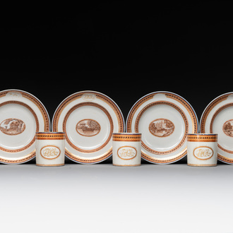 Four Chinese export 'EHA' monogrammed 'landscape' cups and saucers, Jiaqing, ca. 1800