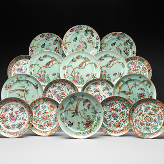 Nine Chinese celadon-ground Canton famille rose plates and eight Canton famille rose plates, 19th C.
