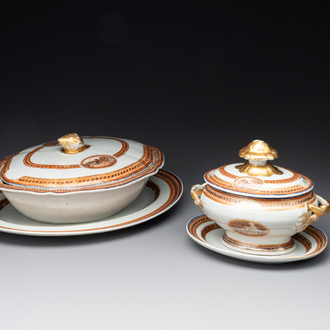 A pair of Chinese export 'EHA' monogrammed 'landscape' tureens, covers and stands, Jiaqing, ca. 1800