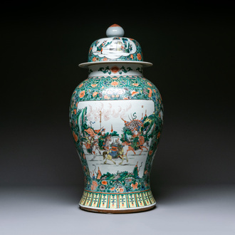 A large Chinese famille verte 'warriors on horseback' vase and cover, 19th C.