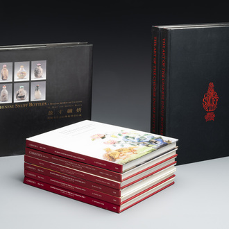 Three snuff bottle-themed books and six auction catalogues, incl. Christie's five-part J & J Collection Sale (2004-2008)