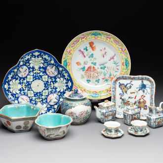 A Chinese blue, white and famille rose miniature tea service, two famille rose bowls, a tazza, a plate and a covered jar, 19th C.