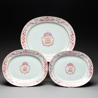 Three large oval Chinese crown-monogrammed puce-enamelled and gilt-decorated dishes, Qianlong