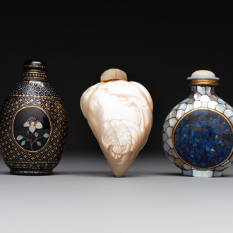 Two Chinese lacquered and mother-of-pearl-inlaid snuff bottles and a carved mother-of-pearl shell snuff bottle, Qianlong mark, 18/19th C