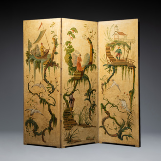 A French or Belgian three-part 'chinoiserie' folding screen, 18/19th C.