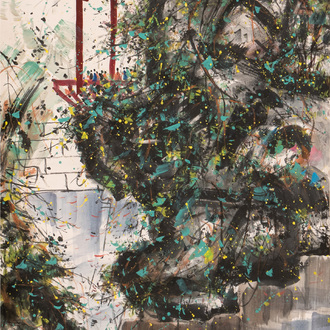 Wu Guanzhong 吴冠中 (1919-2010): 'A corner of the courtyard', ink and colour on paper, dated 1991