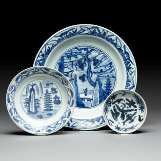 A Chinese blue and white dish, plate and saucer, Fu Gui Chang Chun 富貴長春 mark, Jiajing
