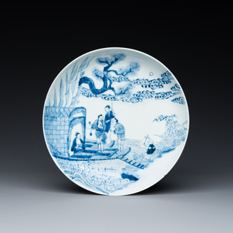 A Chinese blue and white plate with a breastfeeding woman and fishermen on boats, Yongzheng