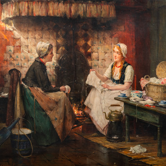 Edward Portielje (1861-1949): Seamstresses in a kitchen, oil on canvas, signed