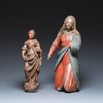 Two polychromed wooden sculptures of Mary, France, 16th C.