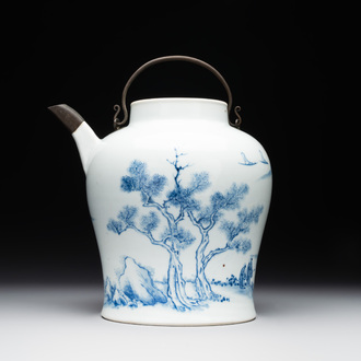 A fine Chinese blue and white 'Bleu de Hue' 'landscape' ewer with bronze mount, Chenghua mark, 18/19th C.