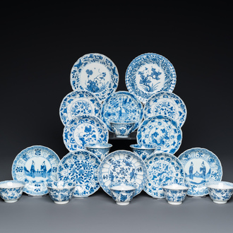 Twelve Chinese blue and white saucers and eight cups, Kangxi/Yongzheng