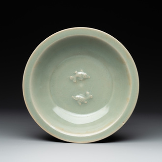A Chinese Longquan celadon 'twin fish' plate, Yuan/Ming