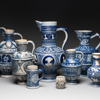 A varied collection of 8 Westerwald stoneware jugs, 19th C.