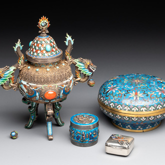 A Chinese enamelled silver incense burner, a covered opium box, a square box and a cloisonné covered box, 19/20th C.