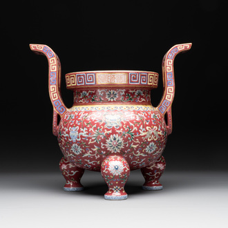 A Chinese famille rose 'bajixiang and lotus scroll' censer, Qianlong mark, 20th C.