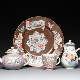 A Chinese famille rose dish, a teapot, a milk jug and a cup, Yongzheng/Qianlong