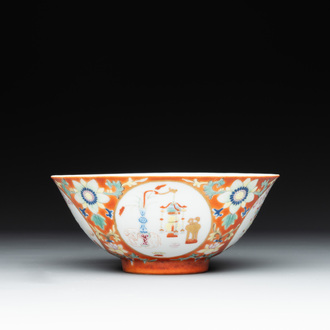 A Chinese famille rose coral-red-ground 'antiquities' bowl, Yongzheng mark, Republic