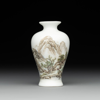 A small Chinese famille rose eggshell 'landscape' vase, Yongzheng mark, 20th C.