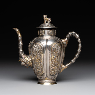 A Chinese parcel-gilt silver wine ewer for the Peranakan or Straits market,  Xuan Huang Hao 炫煌號 and An Yi Zao 安益造 mark, 19/20th C.