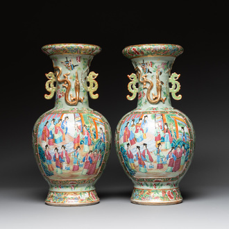 A pair of Chinese Canton famille rose celadon-ground 'court scene' vases, 19th C.