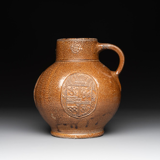 A globular stoneware jug with three coat of arms medallions, Germany, 16th C.
