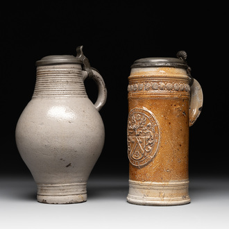 Two stoneware jugs with pewter lids, one with a coat of arms and dated 1636, Germany, 17th C.