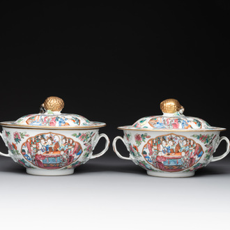 A pair of Chinese Canton famille rose two-handled bowls and covers with narrative design, Daoguang mark and of the period