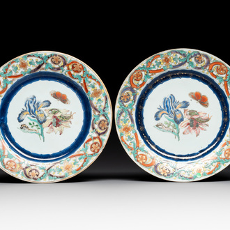 A pair of Chinese famille rose 'botanical' plates after Maria Sybilla Merian, Qianlong
