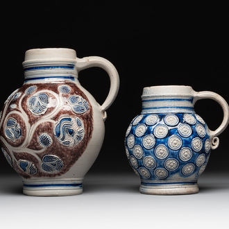 Two globular Westerwald stoneware jugs, Germany, 17/18th C.